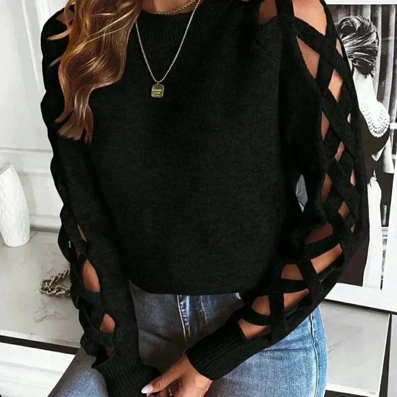 Black Casual Womens Cut Out Raglan Sleeve Crisscross Sweater - Picture 5 of 5